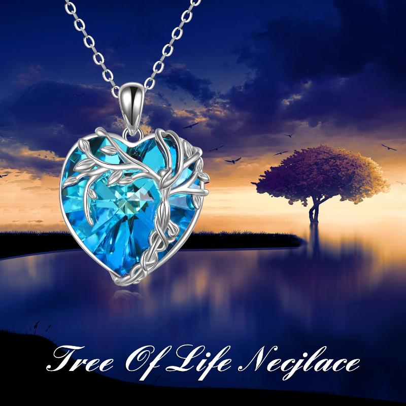 Sterling Silver Blue Crystal Heart Pendant Tree of Life Necklace