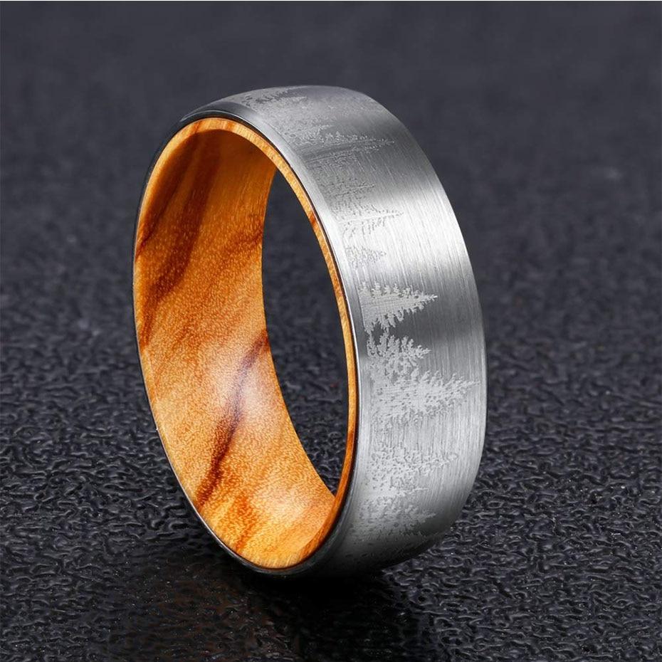 Silver Etched Tree Line and Olive Wood Tungsten Ring