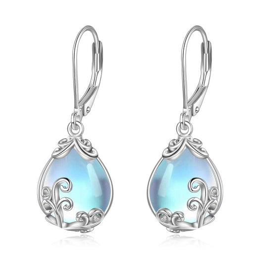 Moonstone Filigree Teardrop Drop Dangle Earrings Sterling Silver Leverback Earrings