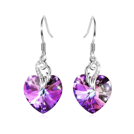 Sterling Silver Zirconia Love Heart Crystal Wing Dangle Earrings