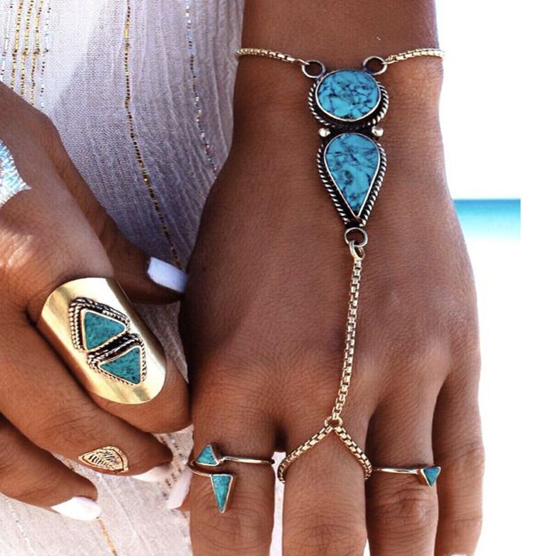 Turquoise Hand Chain Bracelet 18K White Gold Plated Bracelet Women