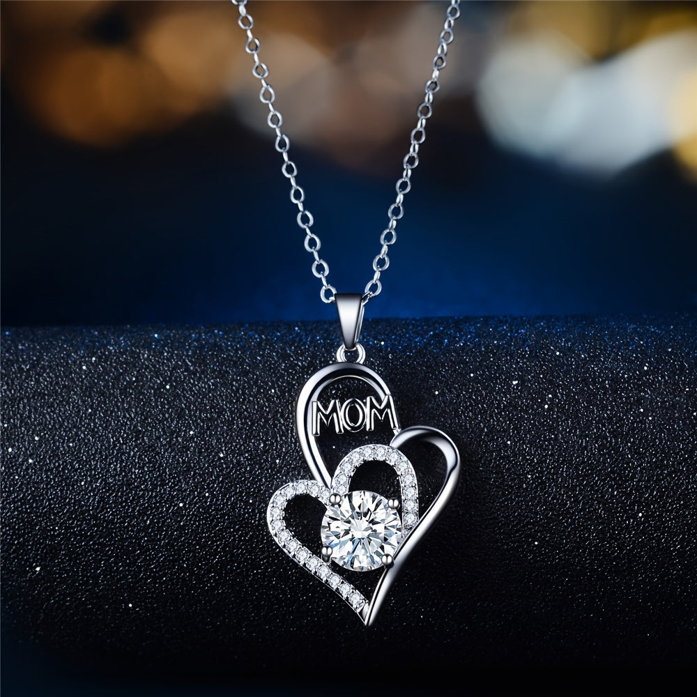 S925 Sterling Silver Heart-Shaped MOM Double Heart Cubic Zircon Color Separation Necklace Mother's Day Gift