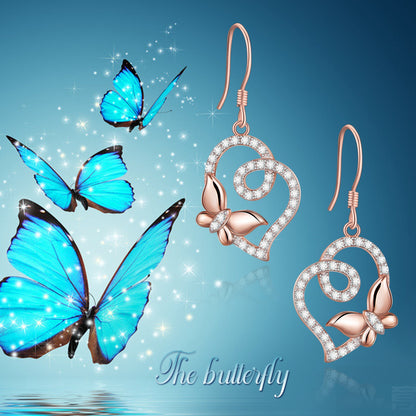 Butterfly Earrings Sterling Silver Heart Dangle Hook Earrings for Women Teens Birthday