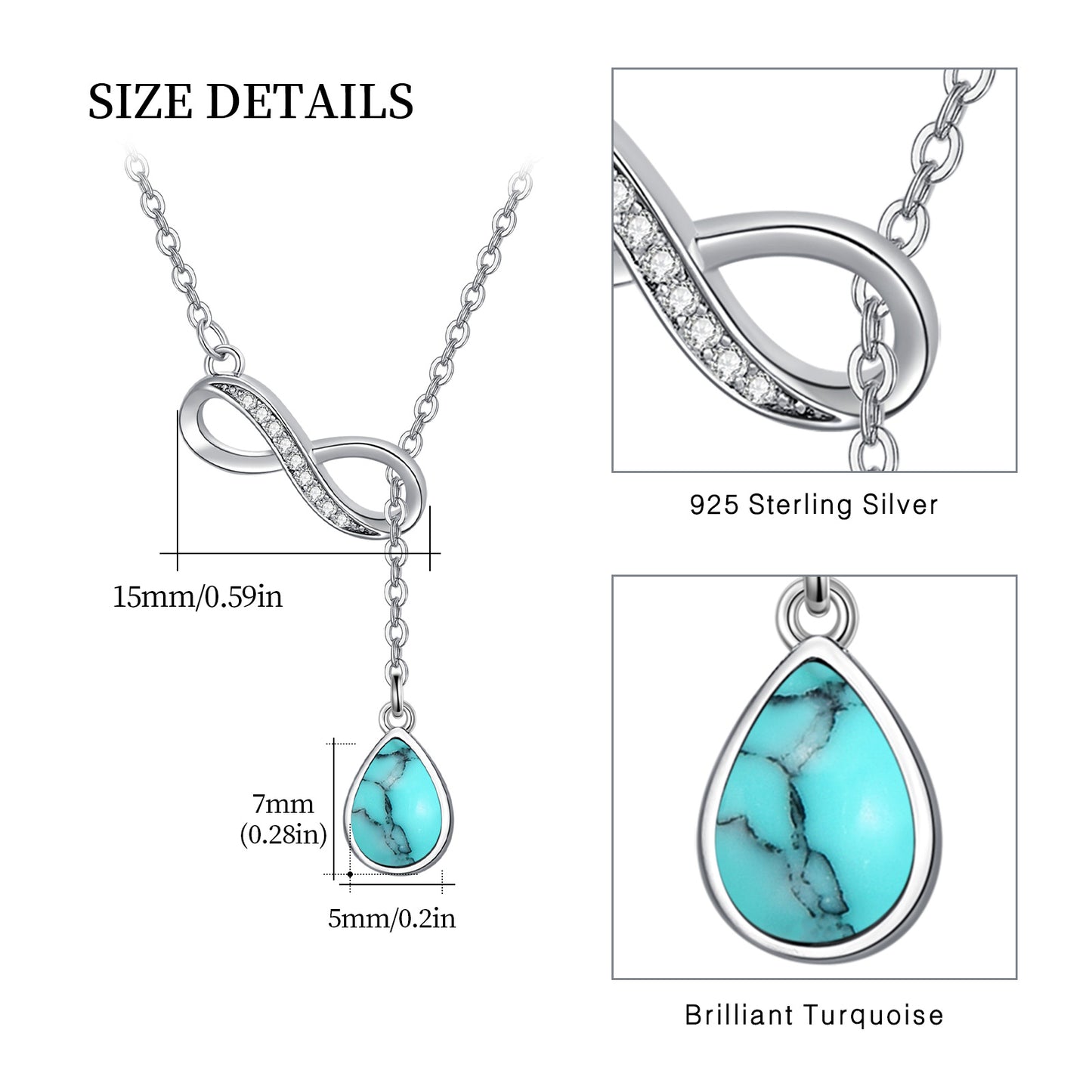 925 Sterling Silver Infinity Turquoise Drop Necklace for Women Girls