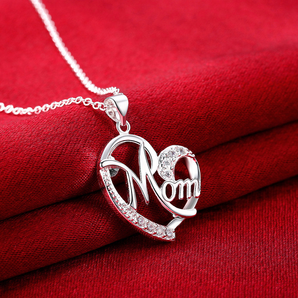 18K White Gold Plated I Love MOM Necklace