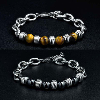 New Men's Adjustable Natural Stone Bead Stainless Steel Bracelet BOGO