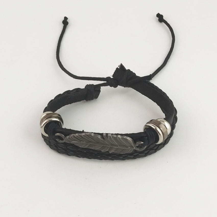 Black Leather Feather Bracelet Set Women