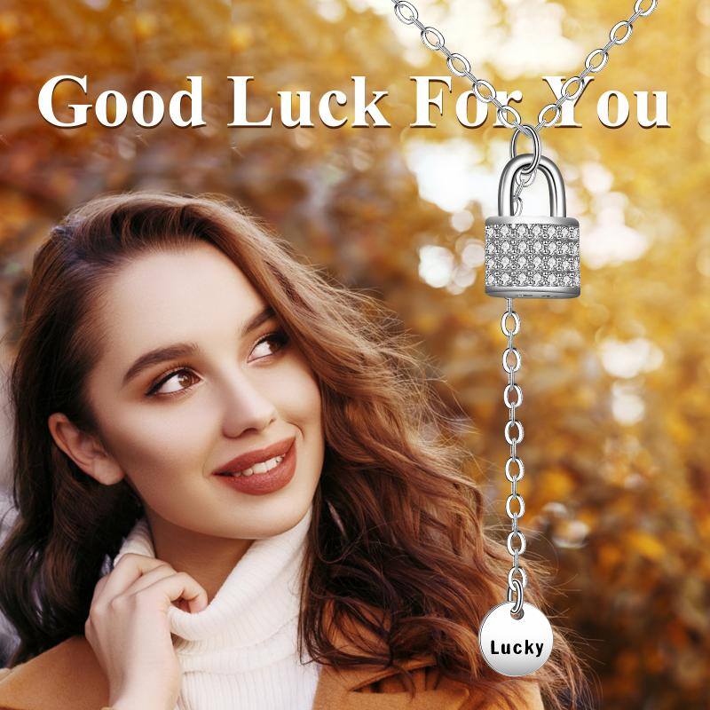 Sterling Silver Lock Pendant Lucky Hang Tag Necklace For Women