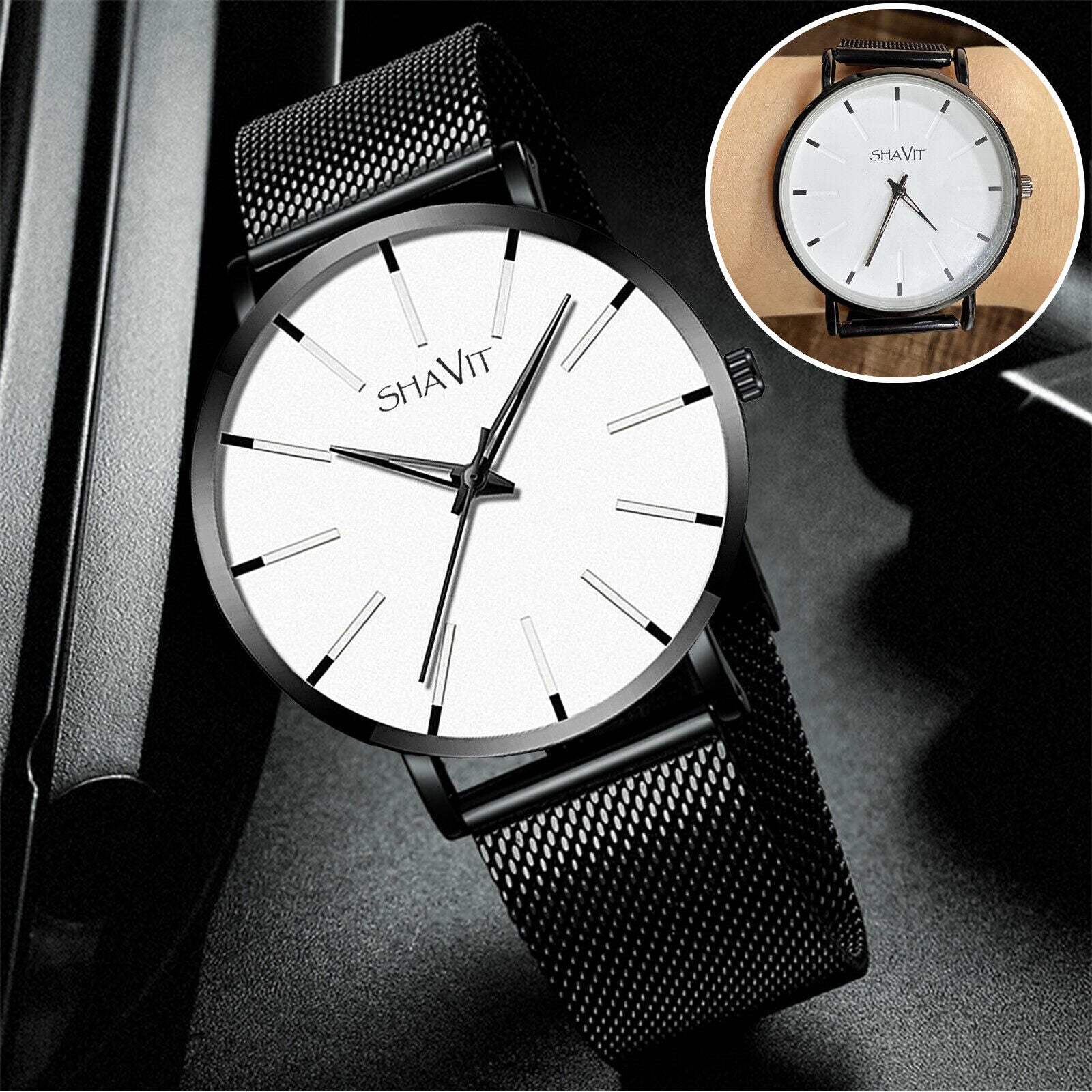 Luxury Black & White Quartz Watch Stainless Steel Analog Ultra Thin Waterproof Business Gift for Men
