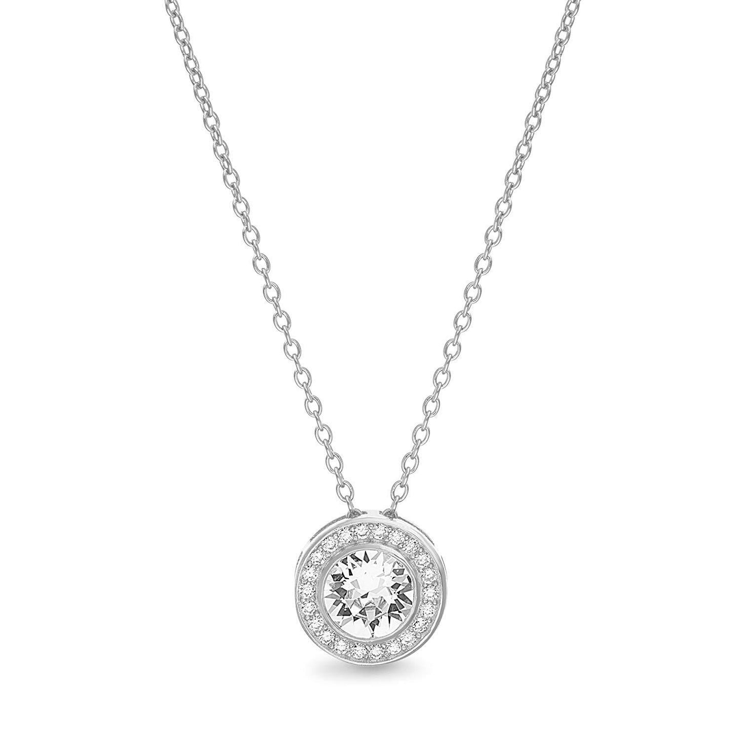 Pave Halo Disc Necklace & Stud Earring With Austrian Crystals with Luxe Box - 18K White Gold
