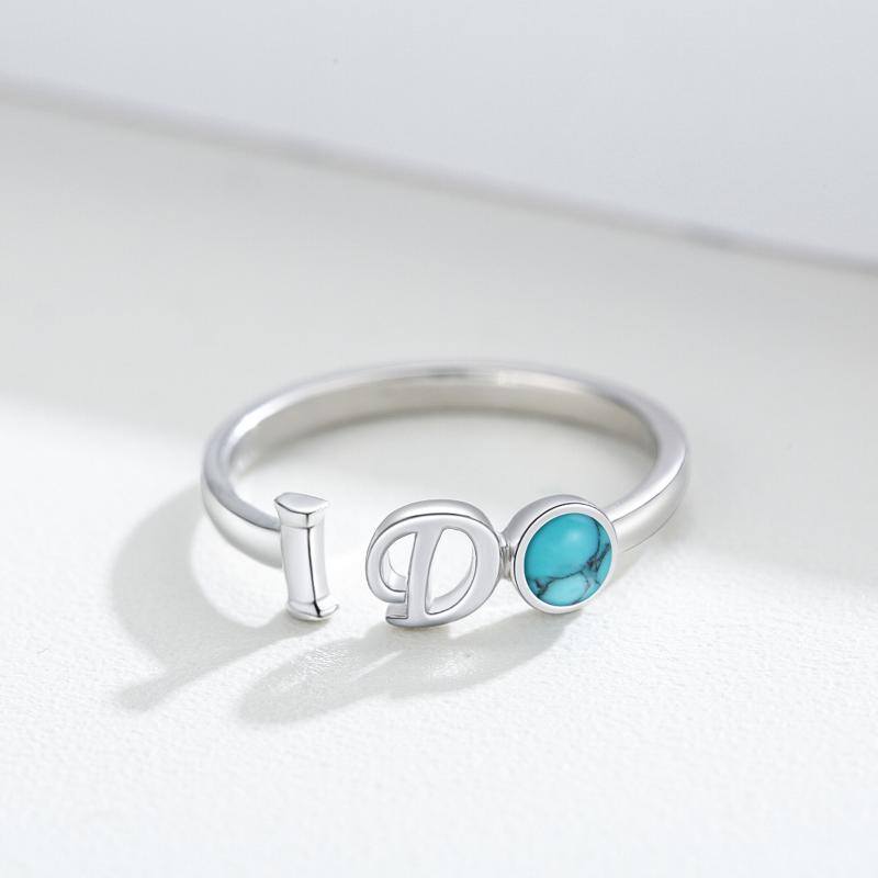 S925 Sterling Silver I Do Ring Synthetic Turquoise Promise Open Adjustable Ring