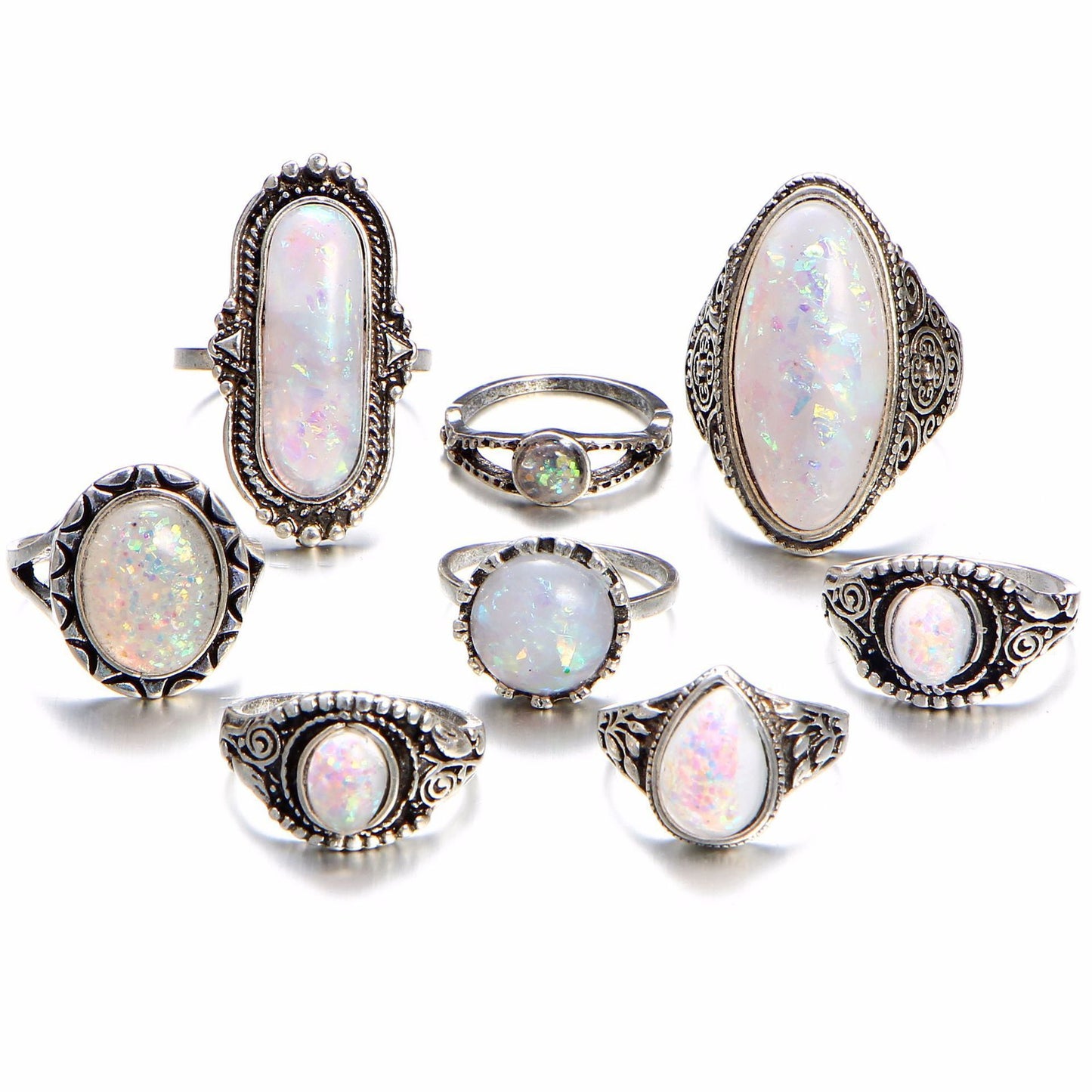 18K White Gold Plated 8 Piece Opal Ring Set With Austrian Crystals