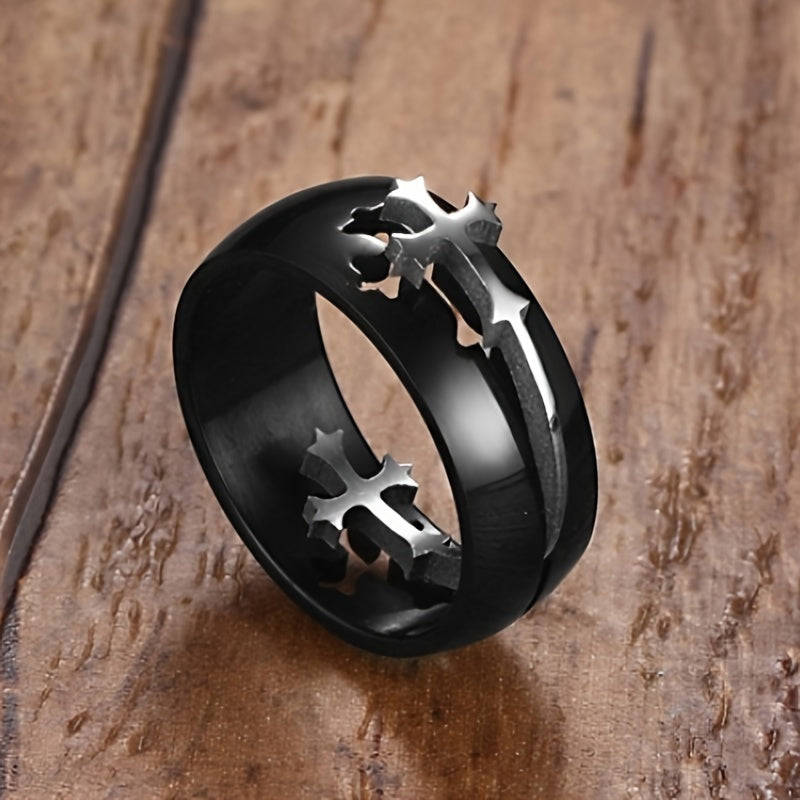 Black Stainless Steel Ring With Cross Inlaid For Men