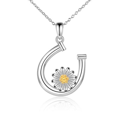 Sterling Silver Daisy Flower Horseshoe Pendant Necklace Jewelry Gift for Women