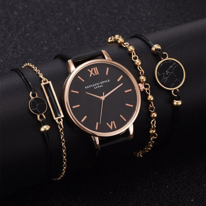 Luxury Women's Set 5pcs Leather Quartz Watch