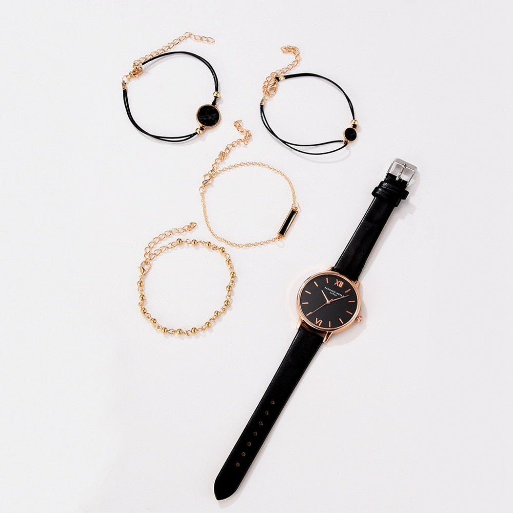 Luxury Women's Set 5pcs Leather Quartz Watch