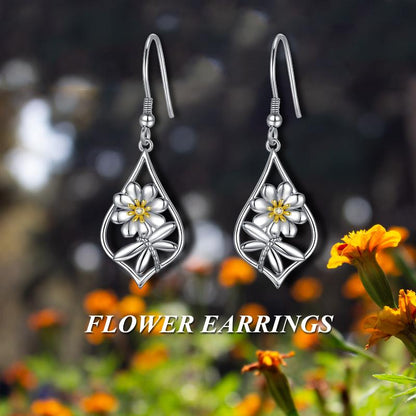 Sterling Silver Daisy Flower Dangle Drop Hooks Earrings for Women Teens