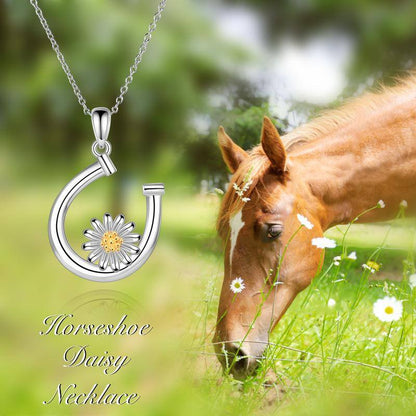 Sterling Silver Daisy Flower Horseshoe Pendant Necklace Jewelry Gift for Women