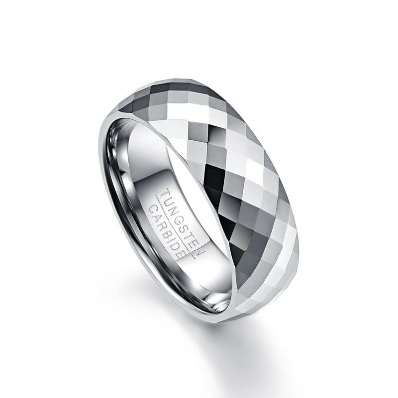 Silver Diamond Hammered Faceted Tungsten Carbide Wedding Ring