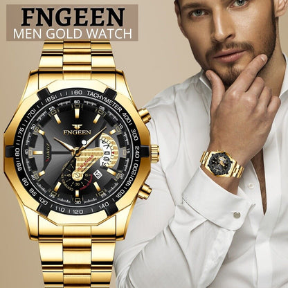 Gold Stainless Steel Quartz Watch For Men Waterproof Classic