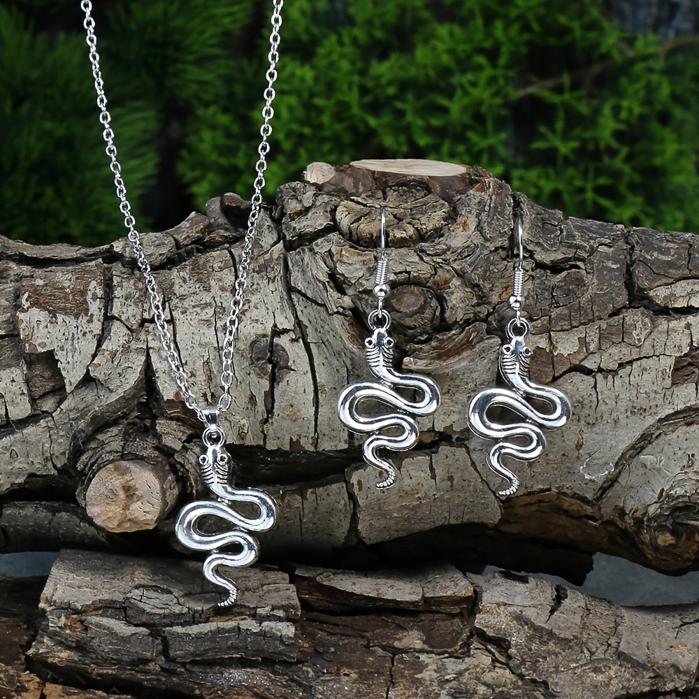 Snake Pendant Necklace Drop Hook Snake Earrings Set