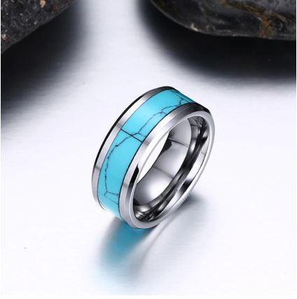 Silver Turquoise Inlay Tungsten Wedding Ring with Beveled Edges