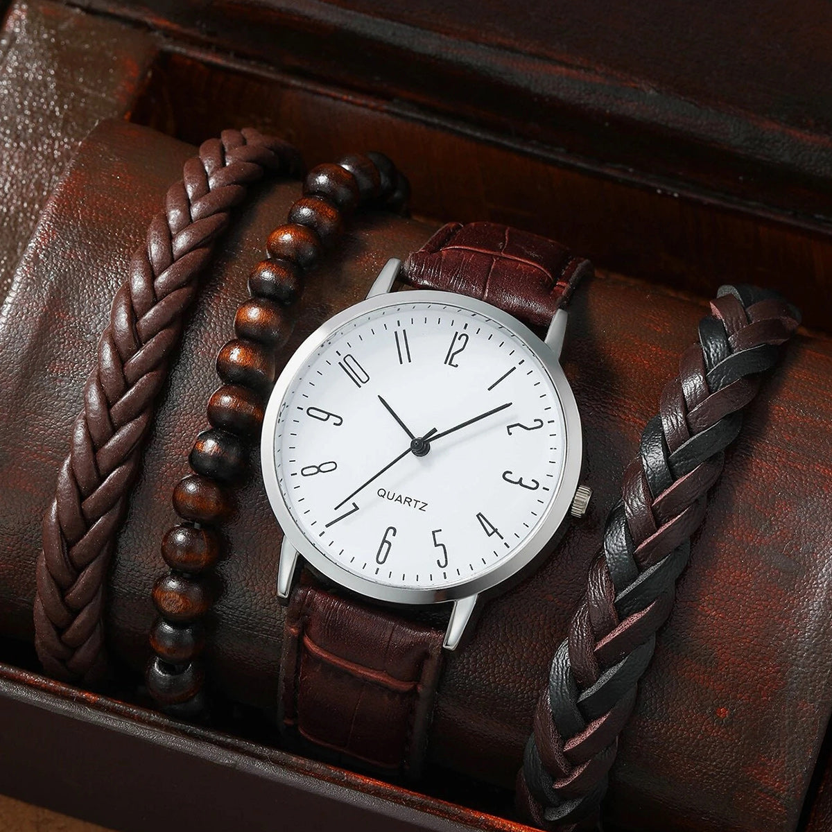 Luxury Design Men's Quartz Watch and 3pcs Bracelet Set