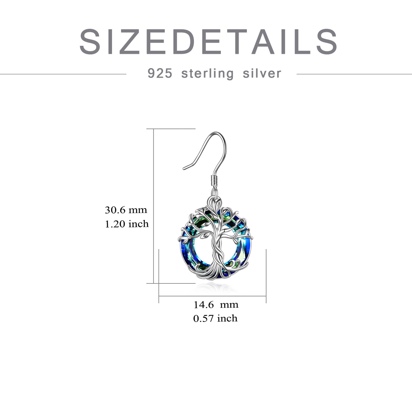 Tree of Life Earrings Sterling Silver Dangle Drop Earrings with Blue Circle Crystal For Women