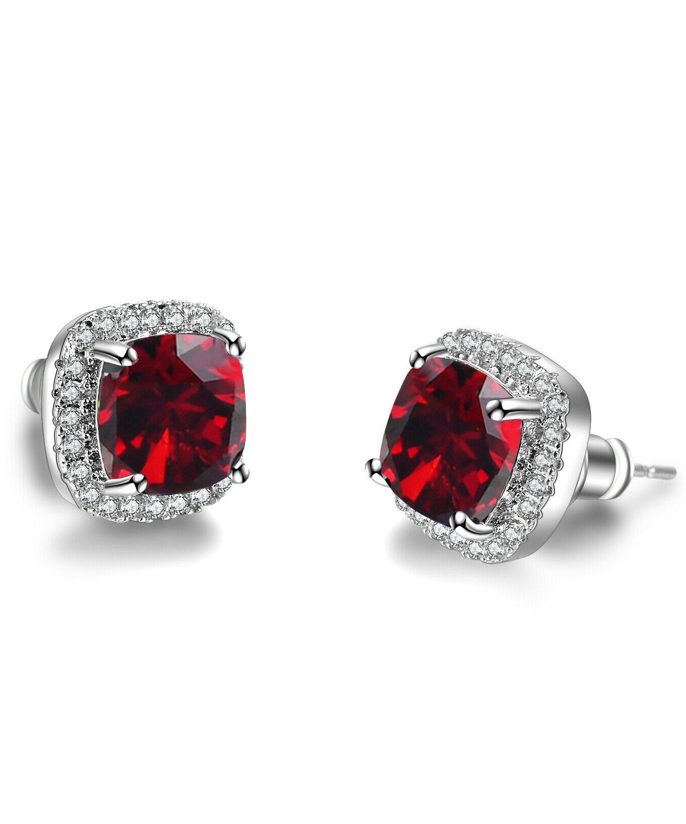 Princess Halo Cut Stud Earring With Austrian Crystals - Red in 18K White Gold Plated BOGO