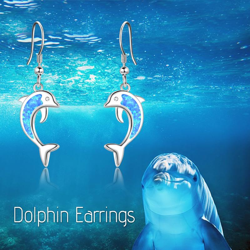 Dolphin Earrings Sterling Silver Blue Opal Ocean Themed Dangle Earrings Jewelry with Fishhook