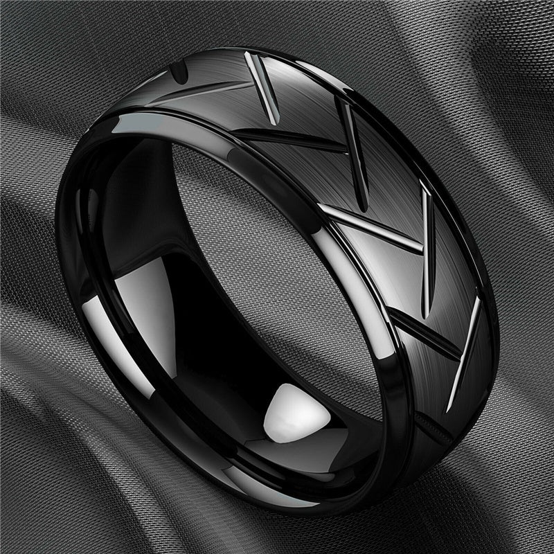 8MM Double Grooves Tire Ring - Men's Black / Titanium Steel Ring