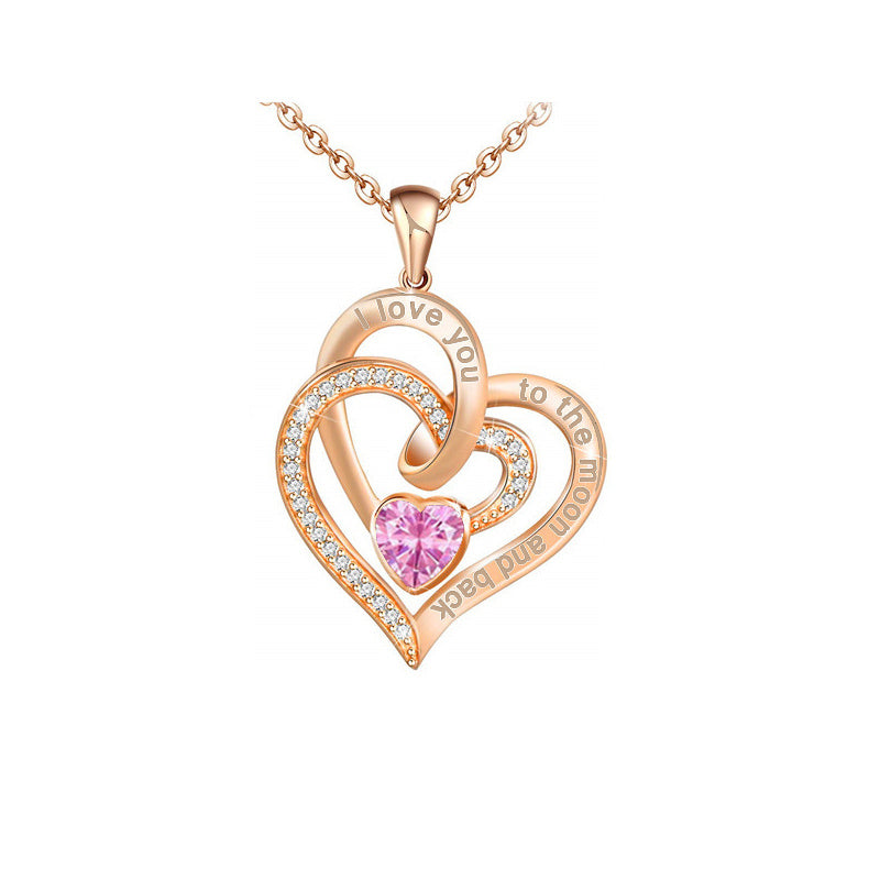 Rose Gold Double Heart Rhinestone Heart Necklace I Love You To The Moon And Back