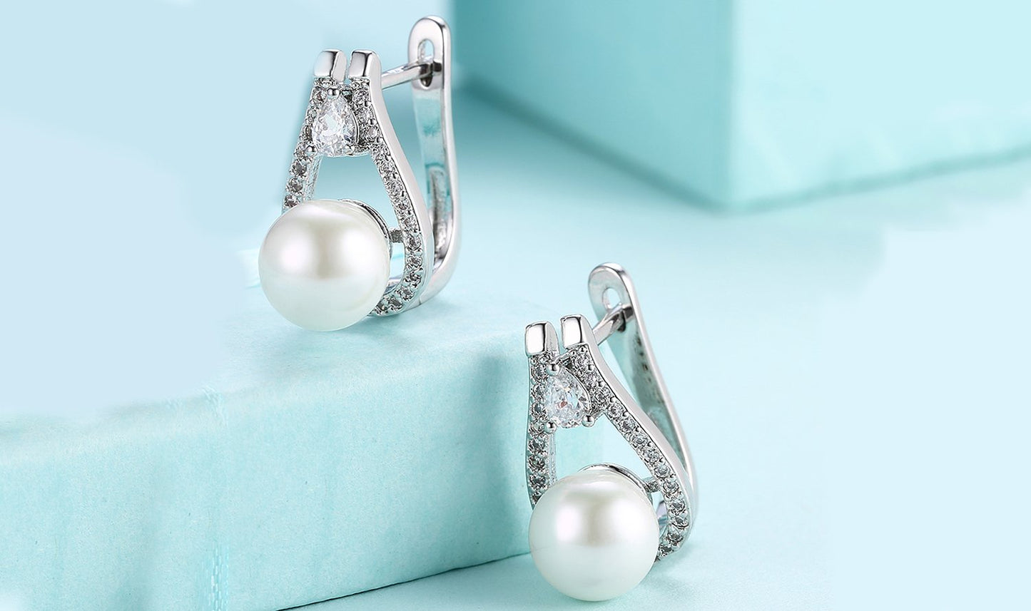 14K White Gold Plating Austrian Elements Pav'e Freshwater Pearl Pear Cut Earrings