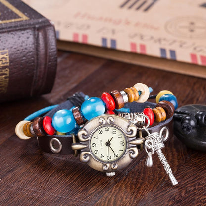 Leather Bracelet with Stainless Steel Watch for Women