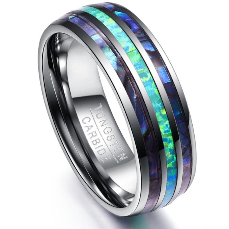 Blue Stone Inlay Tungsten Carbide Ring with Silver Polished Beveled Edges