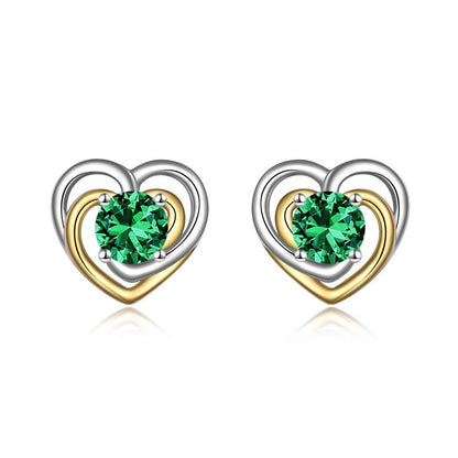 925 Sterling Silver Heart Stud Earrings With May Birthstone Emerald For Women