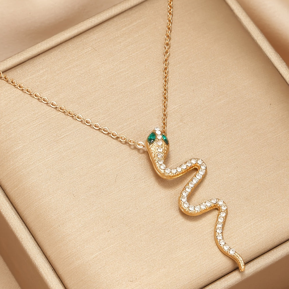 Snake Pendant Necklace Gold Sparkling Green Zircon Eye Adjustable Chain Trendy Animal Element Dainty Jewelry Gift for Women Girls Her