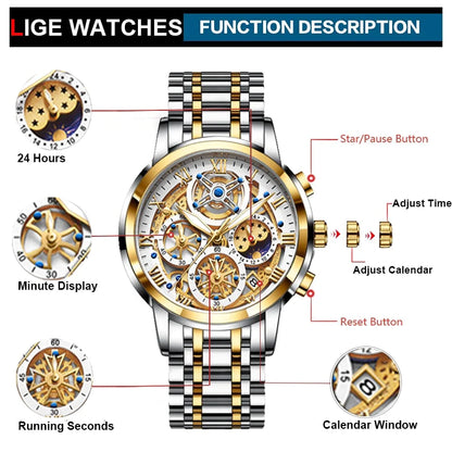 LIGE Men's Watches Waterproof  Chronograph Sports Quartz