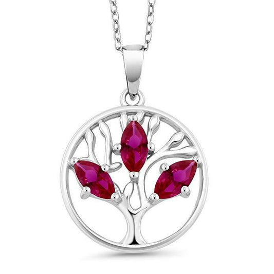Motherly 2.00 CT Ruby Pear Cut Tree Of Life Necklace in 18K White Gold Plated BOGO