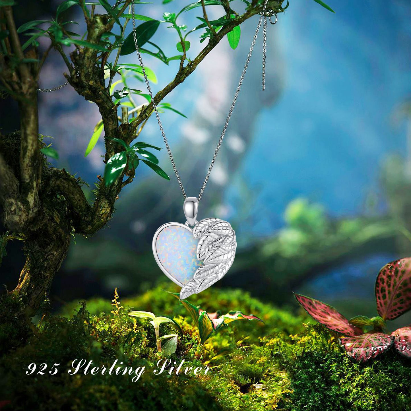 Angel Wing Sterling Silver Heart Opal Guardian Dainty Rainbow Pendant Necklace