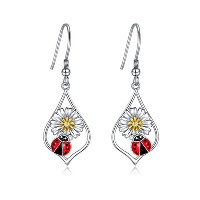 Ladybug Earrings Sterling Silver Daisy Flower Dangle Drop Hooks Earrings Ladybug Jewelry Gifts for Women Teens Birthday