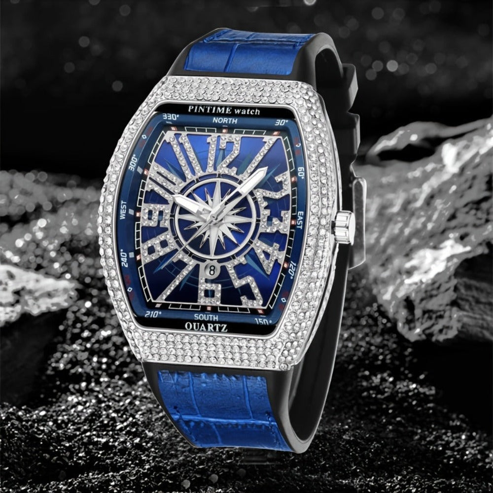 Men's Iced Out Crystal Pave Rhinestone Quartz Watch with Rubber Strap