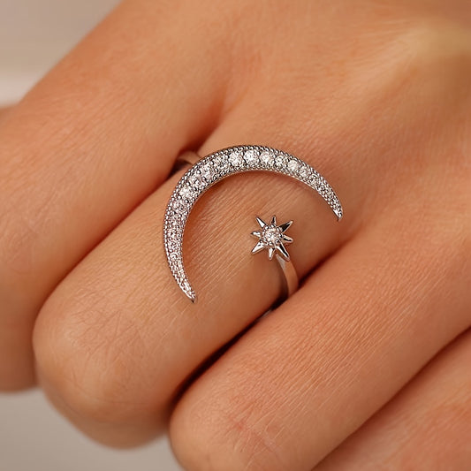 White Gold Crescent Moon & Star Adjustable Open Ring For Her In Sterling Silver