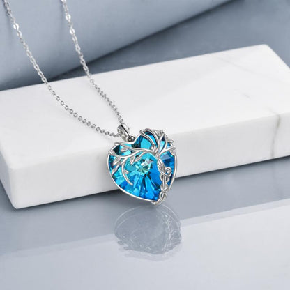 Sterling Silver Blue Crystal Heart Pendant Tree of Life Necklace