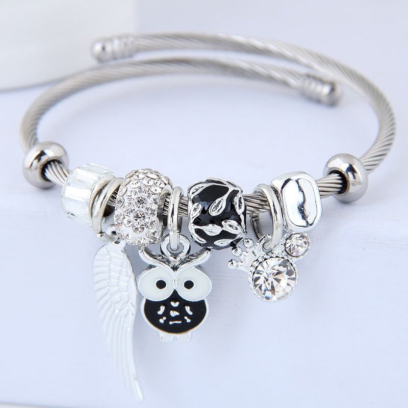 Owl Angel Wings Pendant Stainless Steel Bracelet
