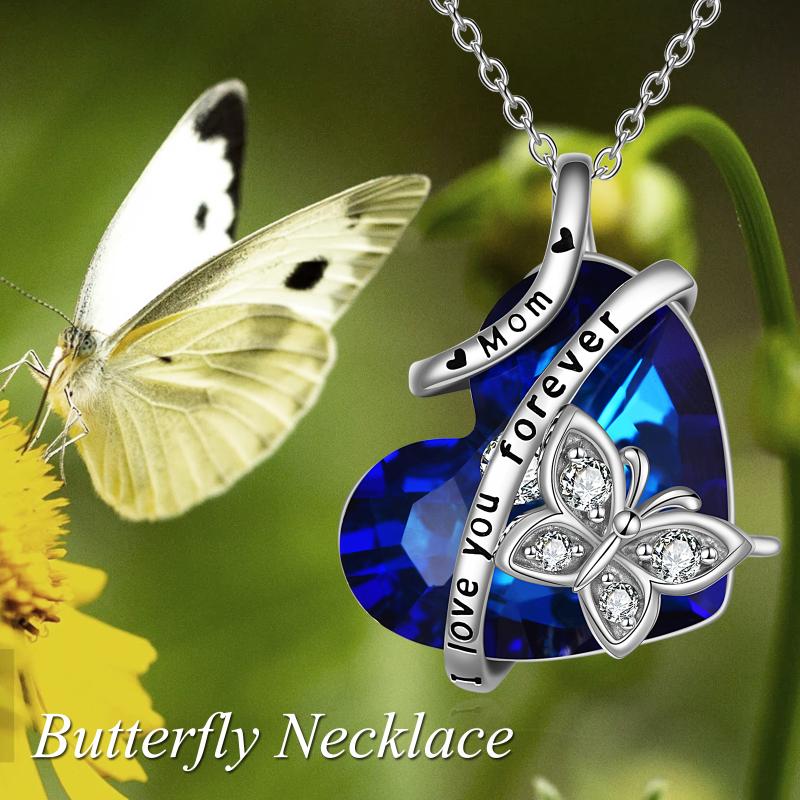 Butterfly Necklace for Mom Sterling Silver Heart Crystal Jewelry