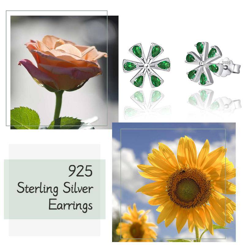 925 Sterling Silver Daisy Emerald Flower with White Gold Plated Elegant Floral Necklace Jewelry