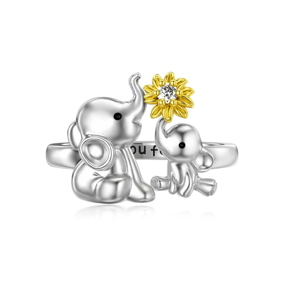 Sterling Silver Mother and Child Elephant with Sunflower Stacking Ring Gift for Her