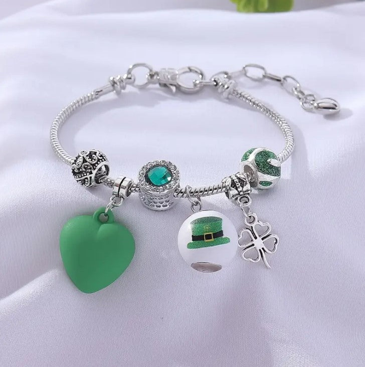 Four Leaf Clover St. Patrick's Day Heart Charm Bracelet for Women