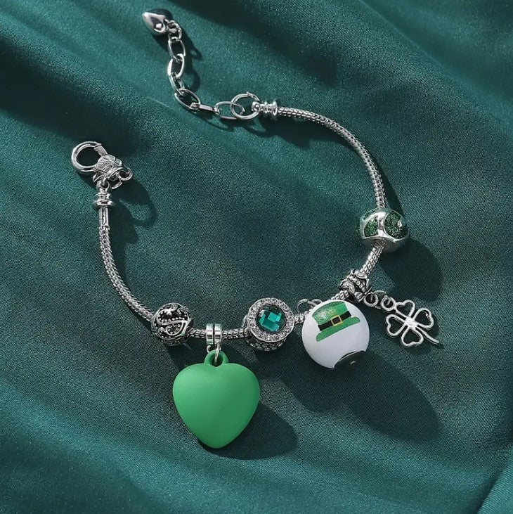 Four Leaf Clover St. Patrick's Day Heart Charm Bracelet for Women